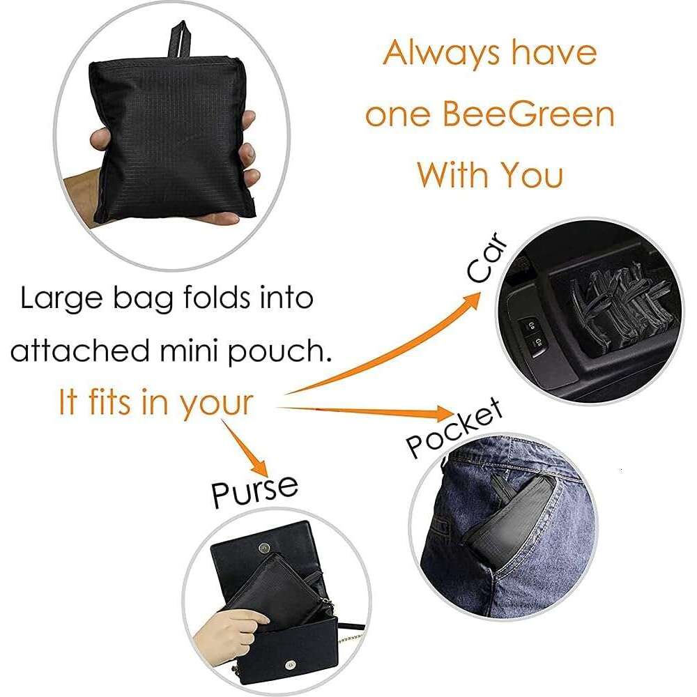 Poocar 10 Pack Grocery Bags Black Washable Foldable Reusable Shopping Bags,Eco-Friendly Purse Bag Fits in Pocket Holds