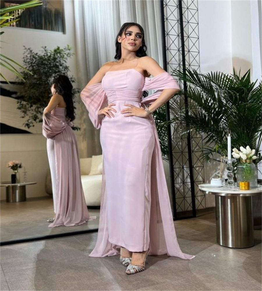 Charming Pink Saudi Arabic Evening Dress With Train Elegant Strapless Abaya Turkey Prom Dress 2025 Engagement Birthday Formal Occasion Cocktail Party 