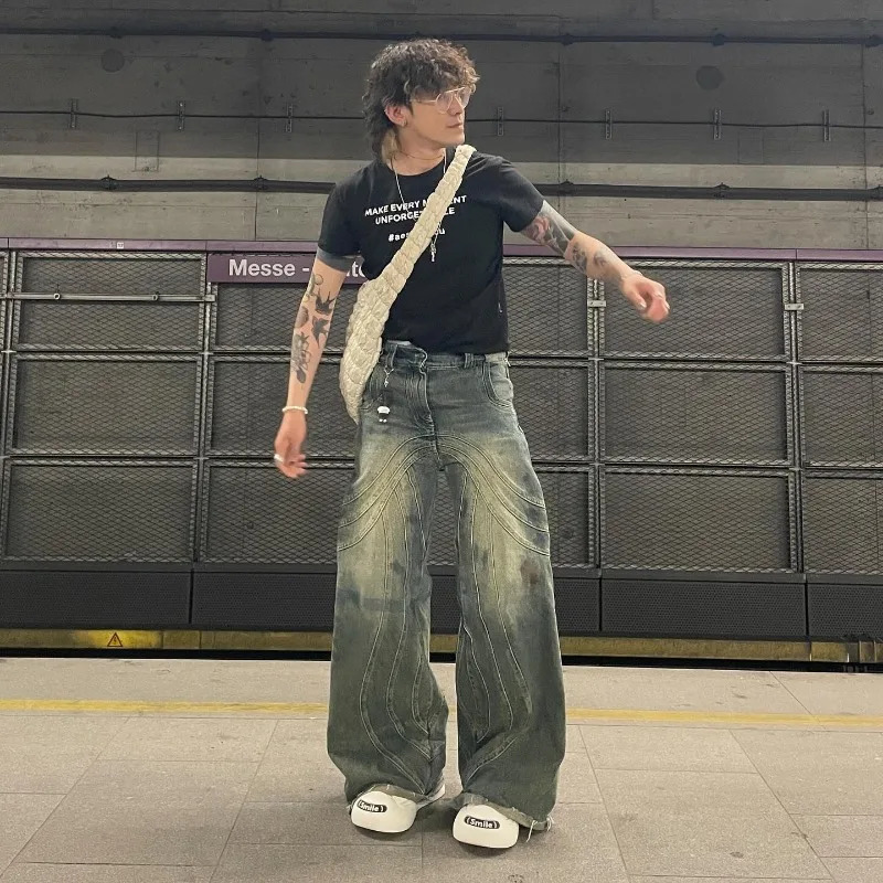 Y2K American Fashion Heavy Industry Blue Laundry Bag Jeans Mens Street Retro Hip Hop Pop Casual High Waist Wide Leg Pants 240929
