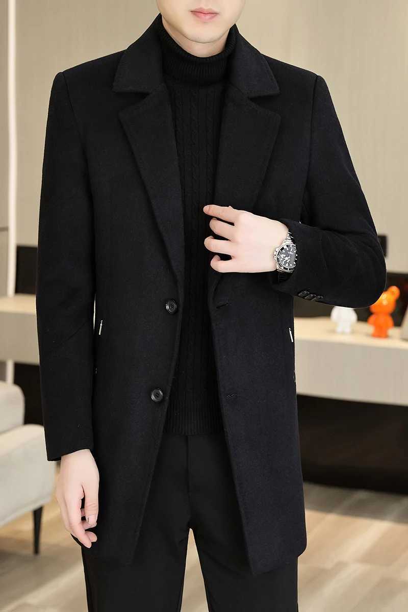 Korean Fashion Woolen Coat Men 2023 Winter Solid Color Long Casual Business Trench Coat Slim Fit Windproof Office Social Jacket LX241010
