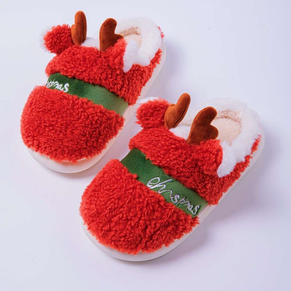 Women Shoes Christmas Reindeer Cotton Slippers Home Cotton Slippers Wear Resistant Anti Slip Warm Shoes Thick Velvet Slippers Red Winter Shoes High Qu