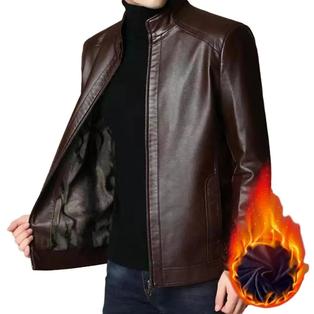 Mens jacket windproof pocket middle-aged and elderly mens artificial leather jacket plush warmth vertical collar with zipper closure 240930