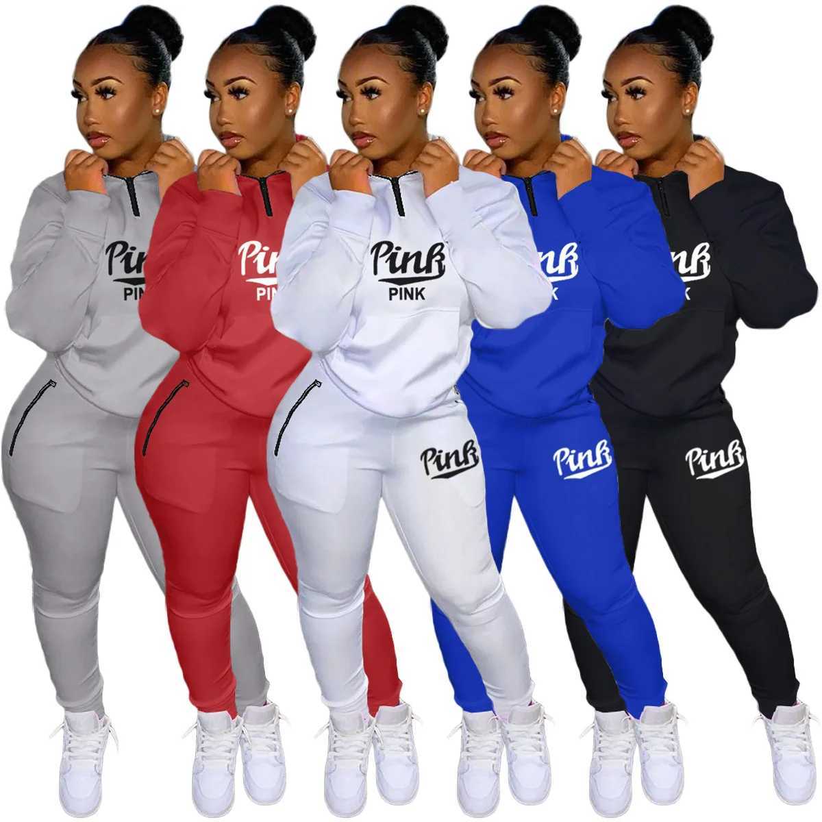 Womens new track and field suit set pink printed sports and leisure suit womens sports shirt top+pants 2-piece set sports shirt for spring and summer 