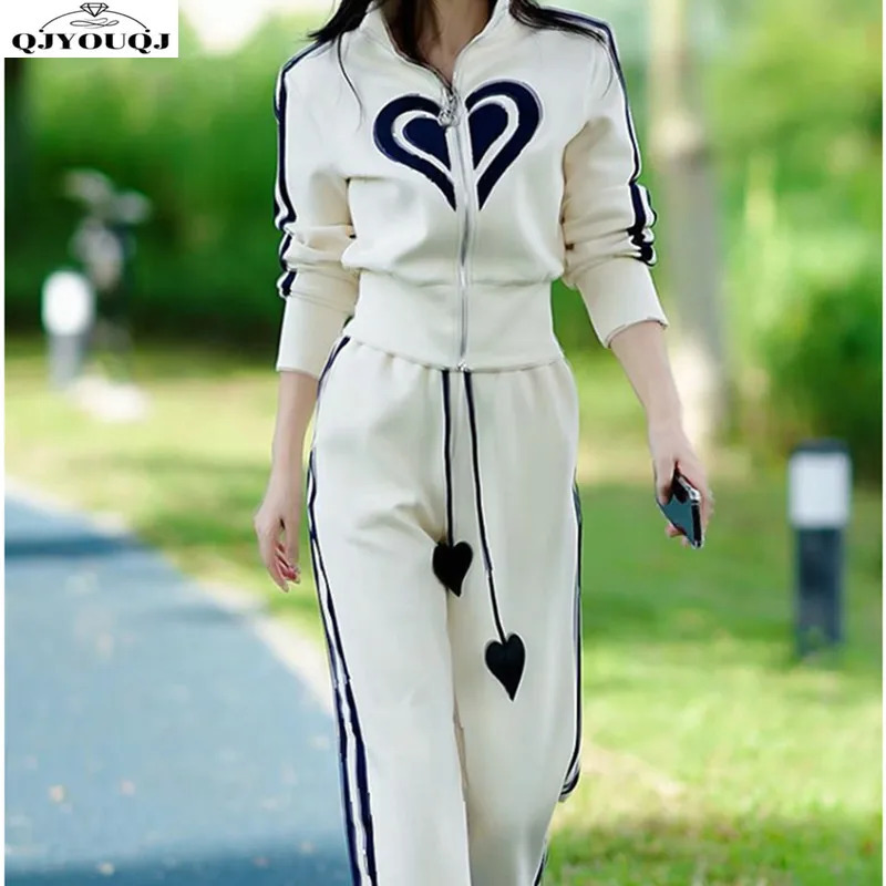 Spring highquality stand up collar zipper top wide leg pants twopiece fashionable casual sports set 241008