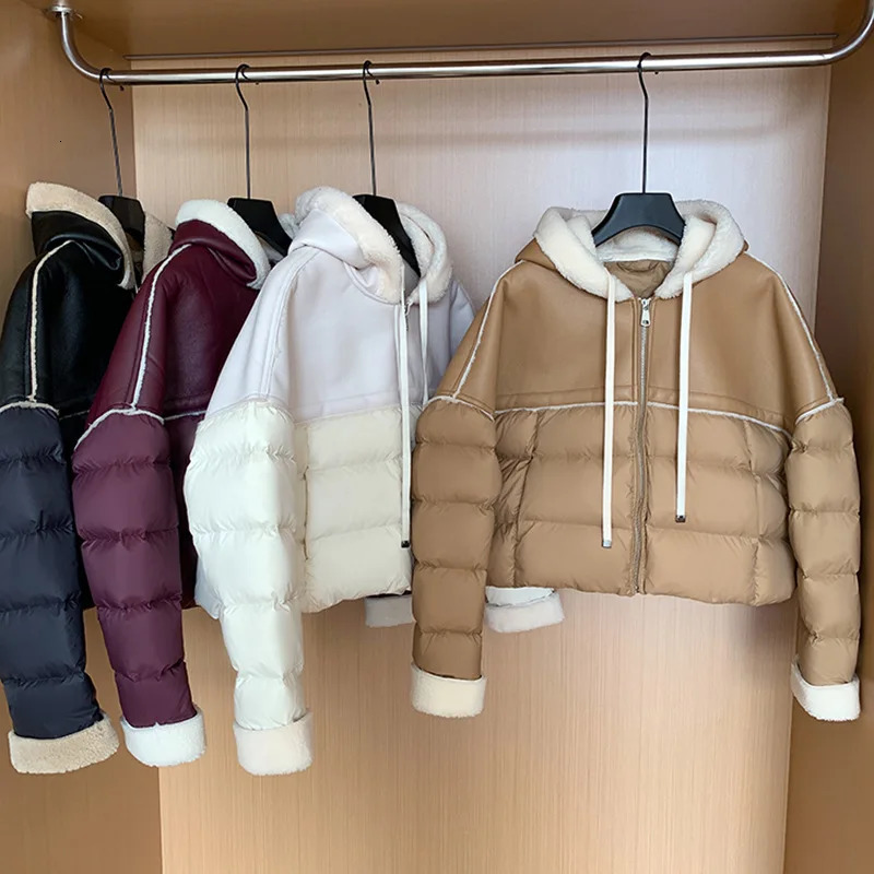 Winter womens jacket PU leather Lambswool patch work white duck down fashionable thick warm jacket loose with hood jacket 241009