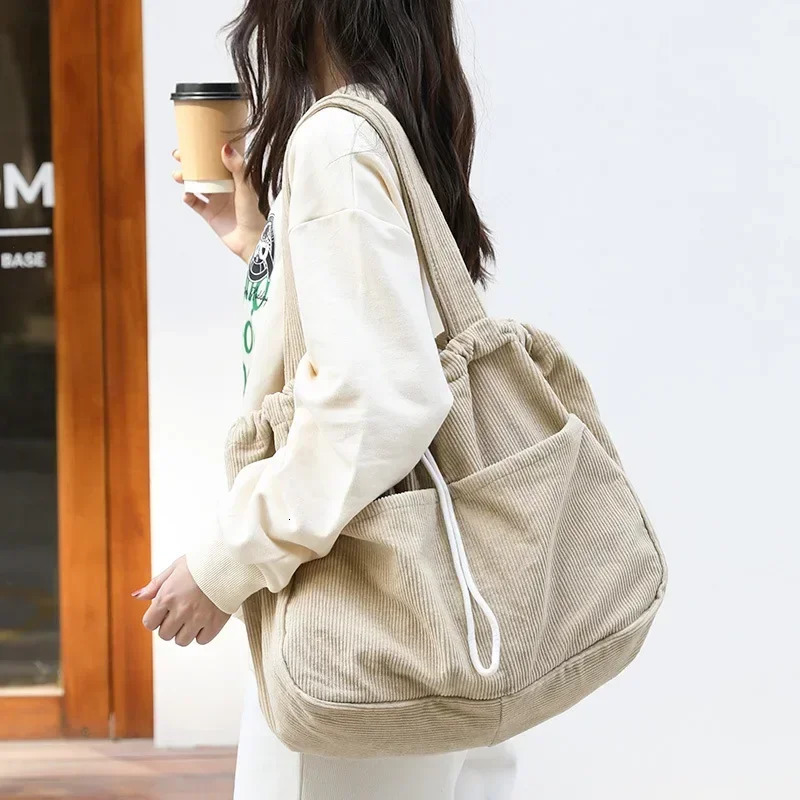 Simple casual handbag Corduroy shoulder bag for teenage students womens large drawstring handbag womens shopping bag 241008