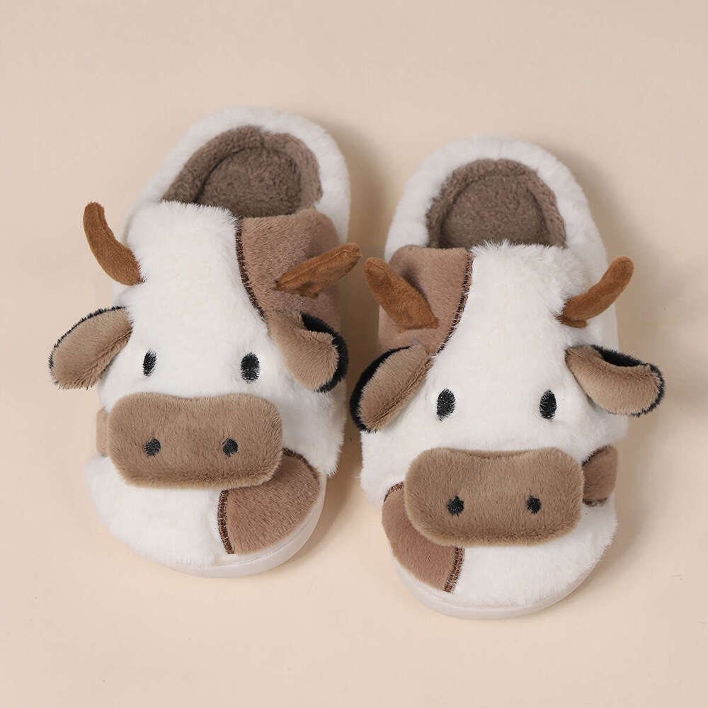 Women Shoes Indoor Winter Fur Slippers Cute Cartoon Cow Head Thick Warm Shoes Couple Plush Cotton Mop Winter Shoes