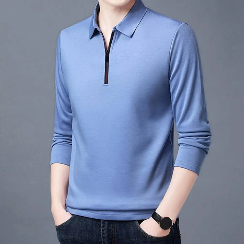 Fashion Men Business Shirt Lapel Zipper Neckline Long Sleeve Pullover Tops Spring Autumn Slim Fit Work T-shirt 241010