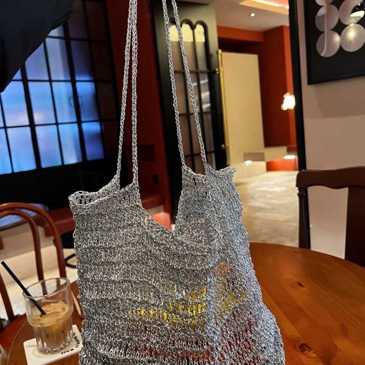 Handmade Crochet Hobo Chic Bag Silver Tote Handbag Ladies Shoulder Fashion Women Summer Beach 241010