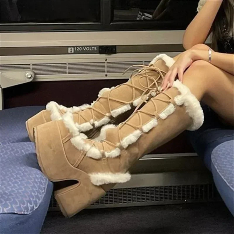 Winter Womens Snow Boots Platform Wedge High Heels Artificial Fur Womens Shoes Plush Warm Anti slip Mid calf Boots Gothic Shoes 241007