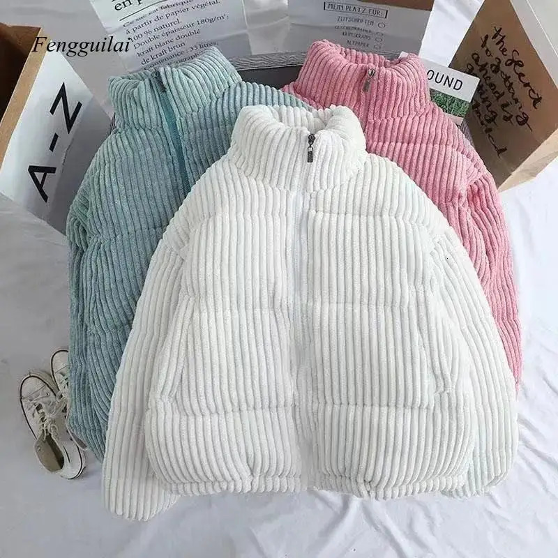 Korean Style Winter Corduroy Short Jacket for Women Black Loose Coats Casual Bread Warm Girl Oversize Coat Thick Parkas 240930