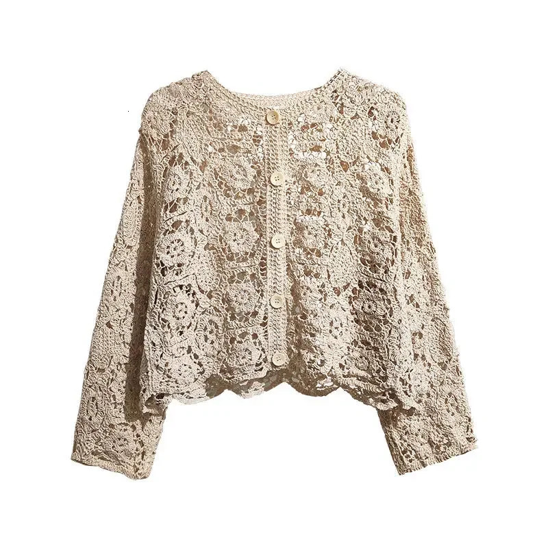 Lace Small Shawl Cotton Cardigan female 2023 spring and summer o neck long sleeve solid casual Versatile Hollow Female 240924