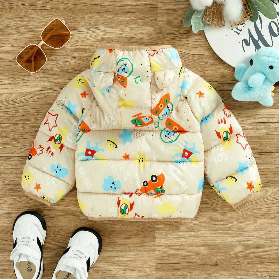 Down Coat Hibobi winter boys cotton coat with dinosaur pattern casual long sleeved hooded cotton coat suitable for children under six years old H24101