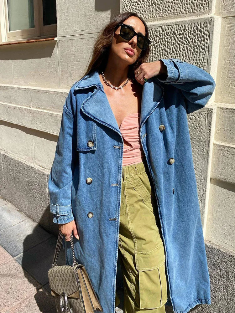 Womens long denim trench coat waist belt ultra-thin jeans womens Jaqueta womens blue jeans womens jacket 240927