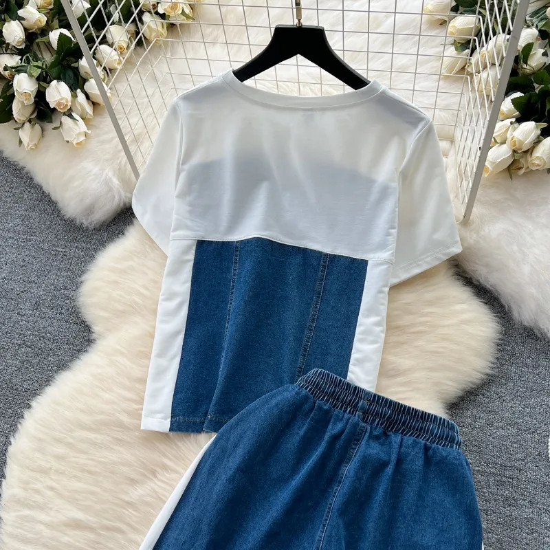 Neploe Simple Fashion Short Sleeve Spliced Denim Top WomensHigh Waist Wide Leg Pants Summer Two Piece Set 241008