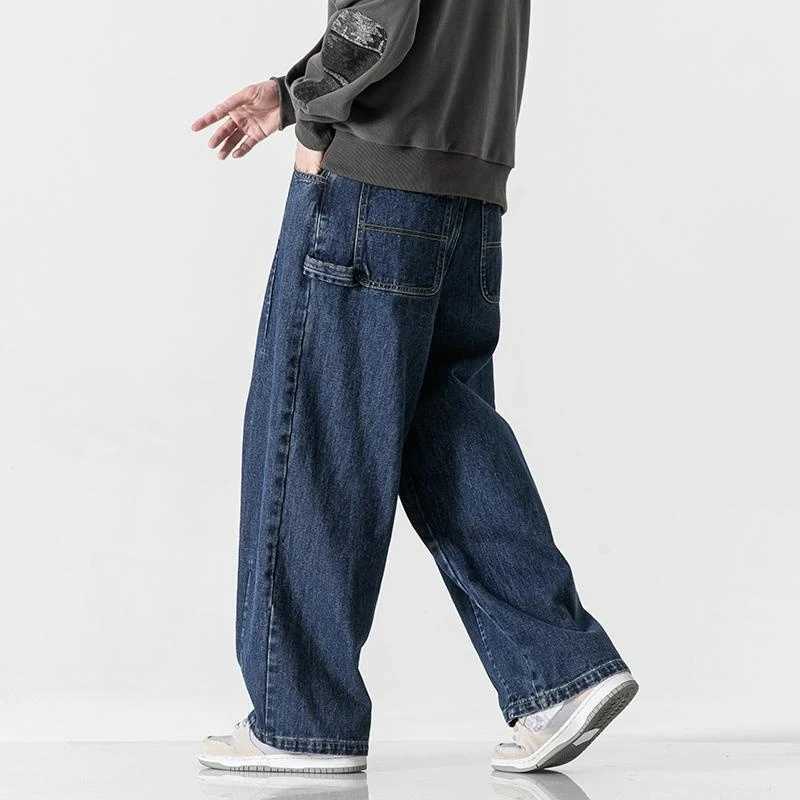 Trendy Classic Black Blue Solid Men Jeans Baggy Casual Pants Wide-leg Straight Loose Denim Trousers Streetwear Hip Hop PantX241009