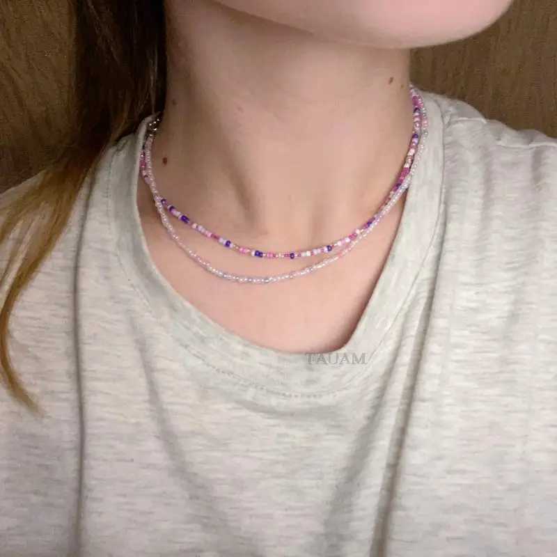 Simple Seed Bead Strand Choker Necklace Women String Collar Charm Colorful Handmade Summer Bohemia Collier Femme JewelryX241010