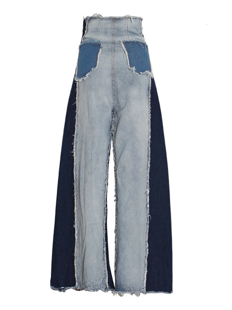 Deatfashion Women's Patchwork Contrast Color Jeans High Waist Full Length Zipper Wide Leg Denim Pants Autumn 2024 New Ww632