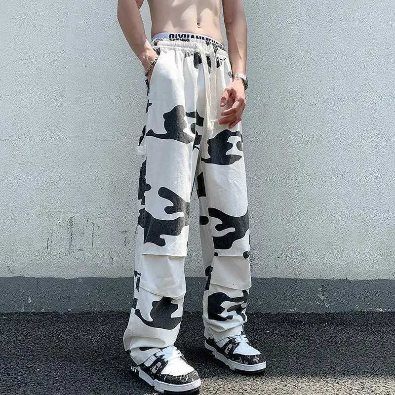 American trend retro summer casual cargo pants mens printed elastic waist pull rod high street loose wide leg mens W241009