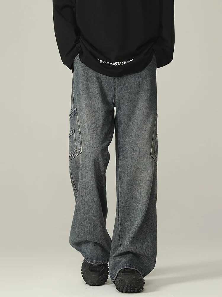 Mens Fashion Patchwork Jeans Korean Straight Vintage Classic Denim Pants Elastic Waist High Street Trousers Male Trendy BrandX241009