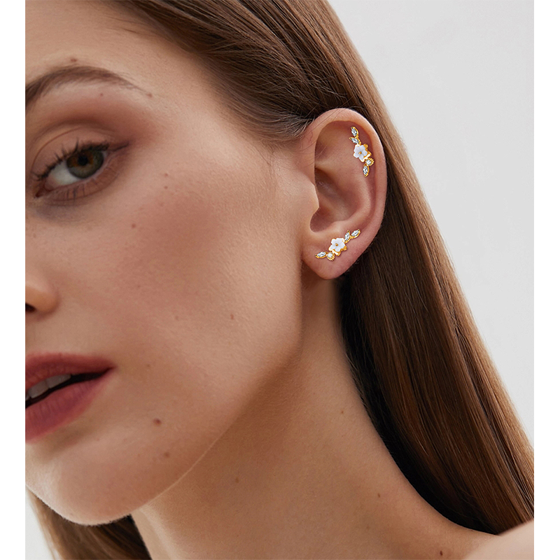 TUPMI 20G Cartilage Earrings for Women 14K Gold Stainless Steel Flat Back Cartilage Stud Earrings for Sensitive Ear Leaf Opal CZ Handmade Helix Conch 