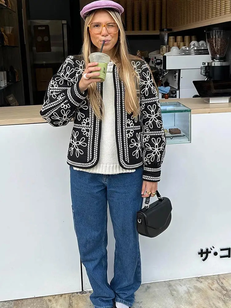 Vintage Print Round Neck Cropped Cotton Coat Elegant Full Lantern Sleeves Short Jackets Fall Winter Lady Chic Streetwear 240930