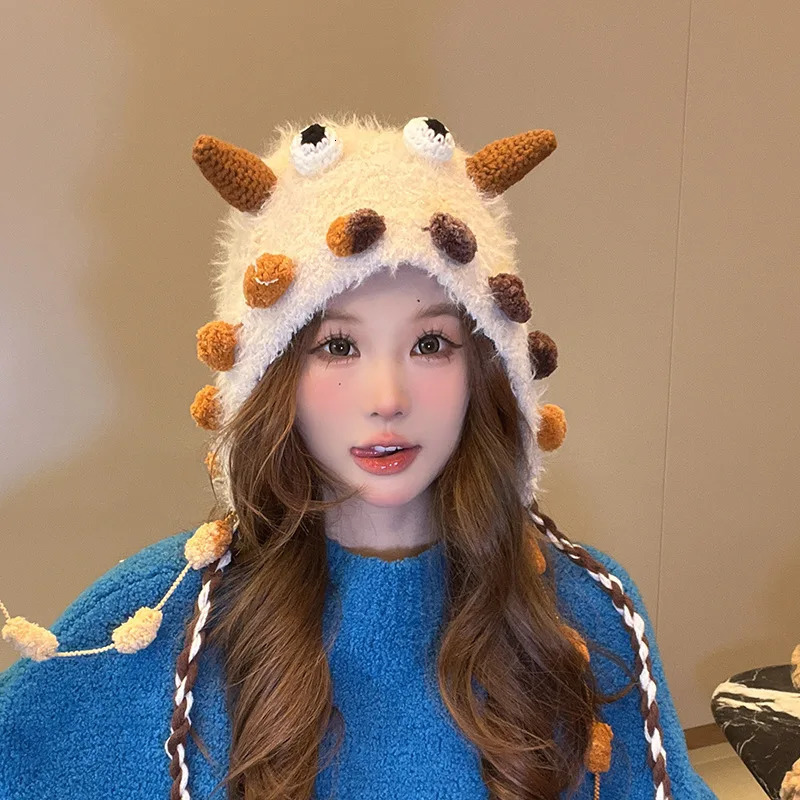 Cashmere Cute Little Monster Hat Brimless Hat Autumn Winter Warm Plush Handmade Knit Hat Cute Silly Funny Wool Hat Plush Hat 241007
