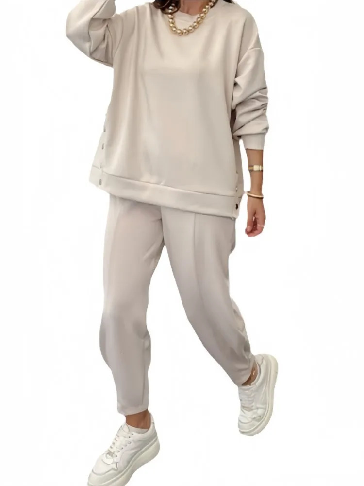 Casual sports style pants set womens solid color button up sweatshirt Trouser twopiece sportswear 241008