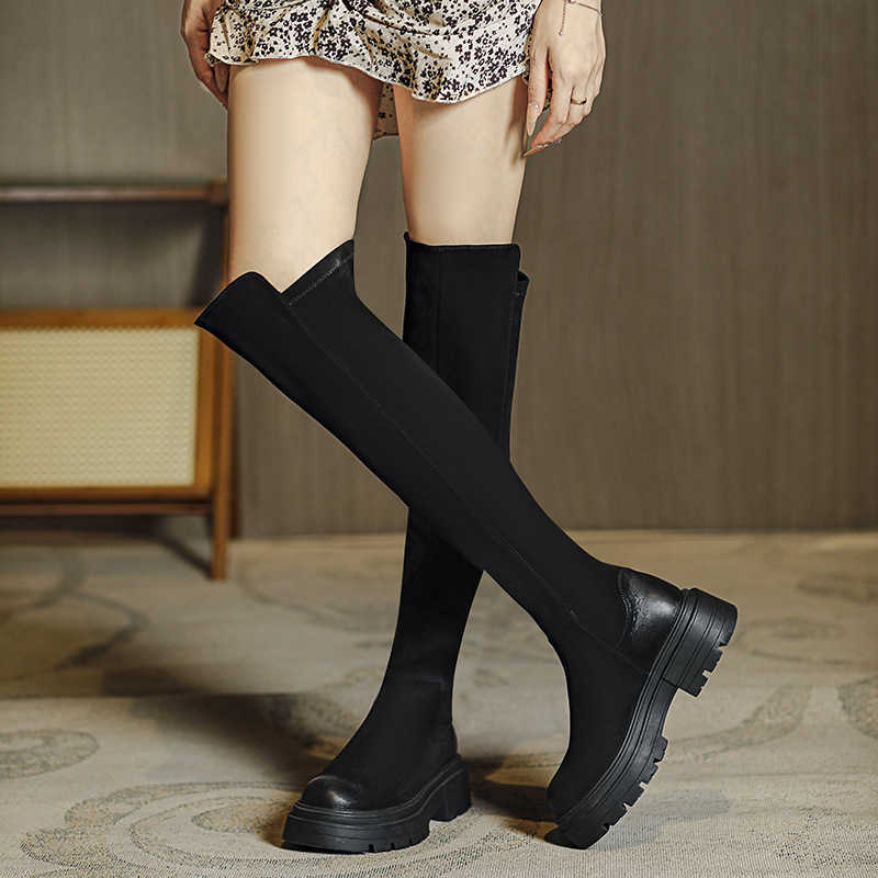Black Knee High Fashion Boots For Women Shoes Winter Round Toe Thick Sole Thick Heel High Tube Slim Elastic Boots Womens Booties Botas Fashion 240826
