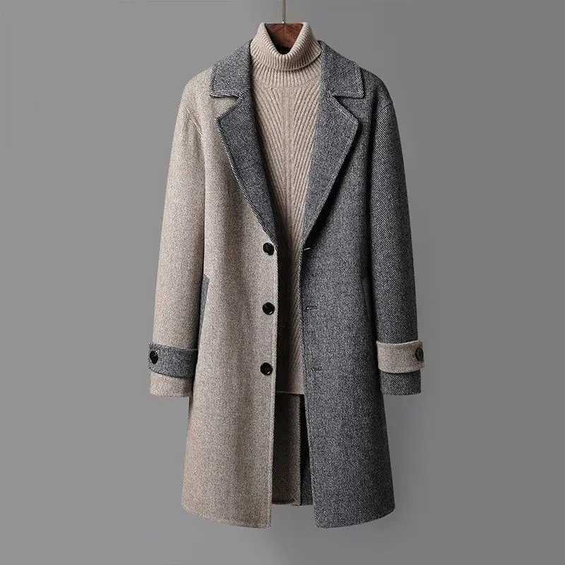 Korean Trench Coat Autumn Winter Men Mid-length Woolen Coat Youth Japan Loose Windbreaker Suit Collar Color Match Jacket Urban LX241010