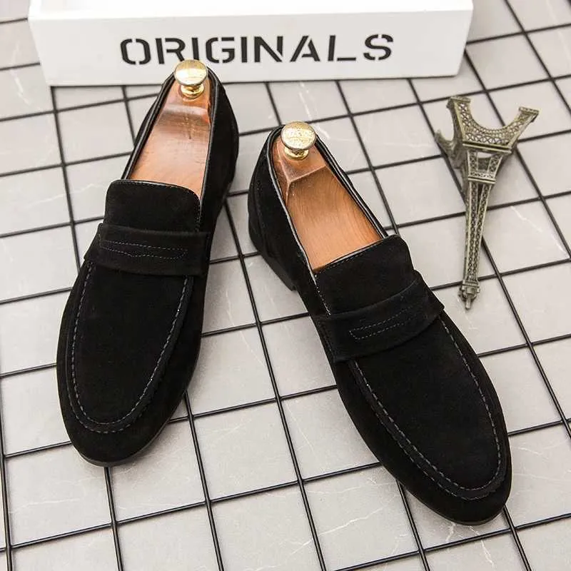Dress British Simple Casual Black Loafers Lightweight Suede Slip-on Pointed Toe All-Matching Office Driving Mens Shoes H240807 241122