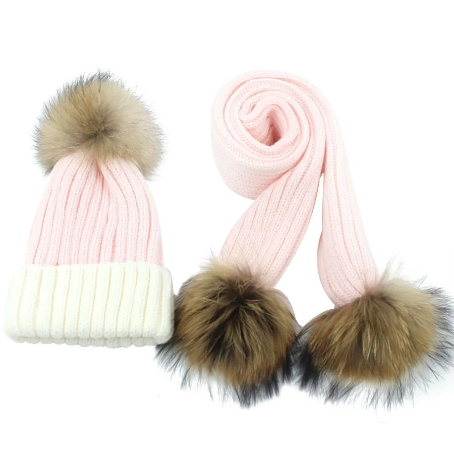 Arrive Winter Kids Hat Scarf Natural Real Raccoon Fur Pompom 3pcs Pom pom Beanies Children Warm Scarf Hats 1-8 Years Old 241008