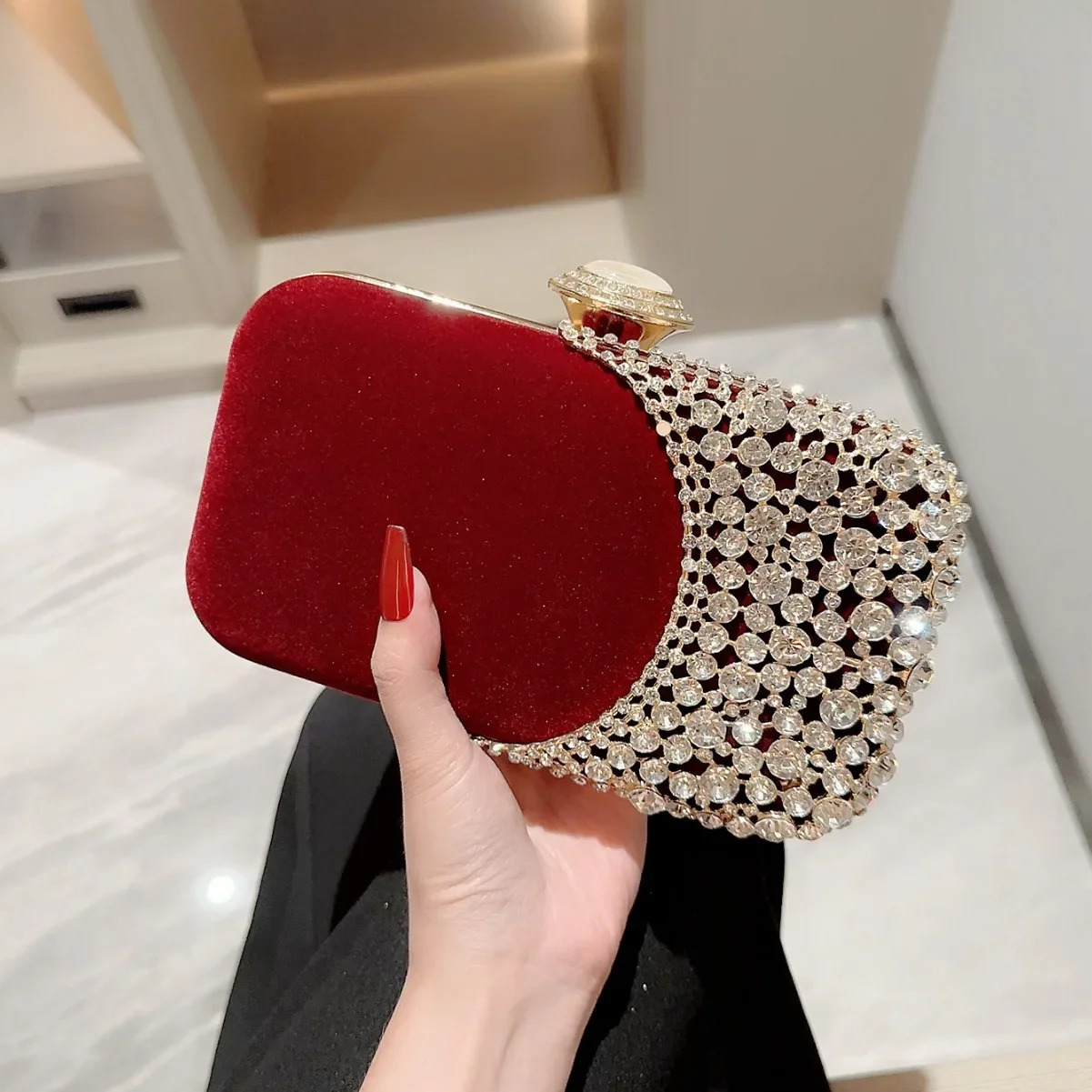 Black Red Velvet Womens Small Clutch Retro Fashion Crystal Diamond Evening Bag Chain Shuld Bag Womens Party Wallet 241008