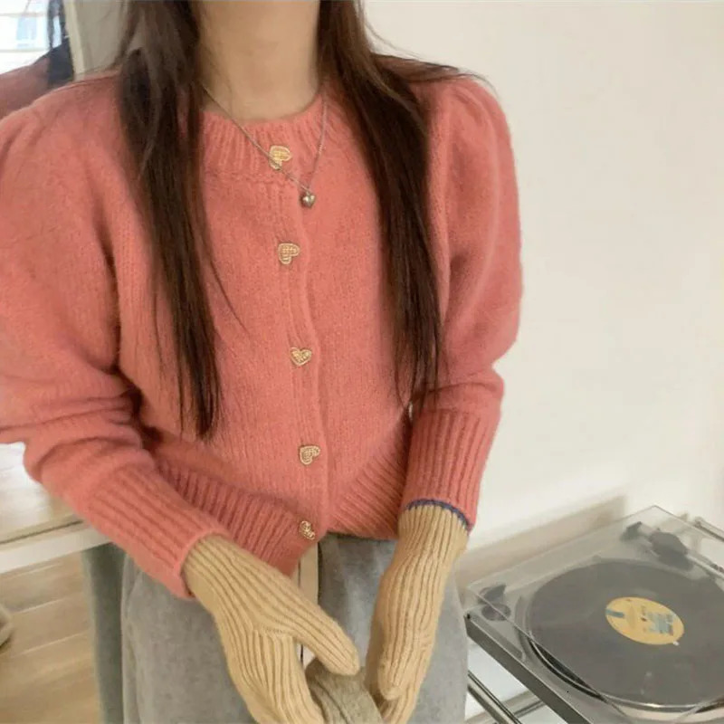 Biyaby Sweet Heart Buttons Sweater Coat Women Autumn Winter Gentle Style Solid Knitted Cardigans Woman Korean Loose Short Jacket 241007