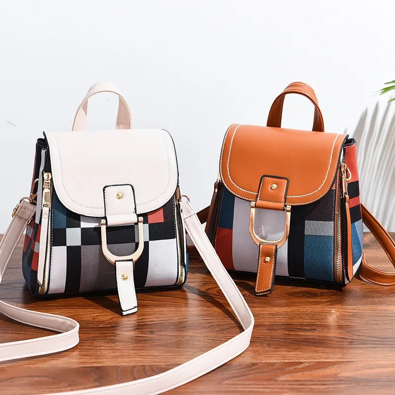 Womens Splicing Backpack PU Leather Knapsack Youth School Bag Casual Lock Mochila Plaid Multi functional 241008