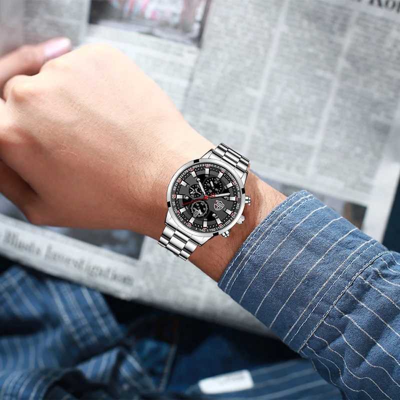 2023 Mens Watches Fashion Luxury Men Black Stainless Steel Quartz Wristwatch Man Business Casual Leather Watch relogio masculinoX241010