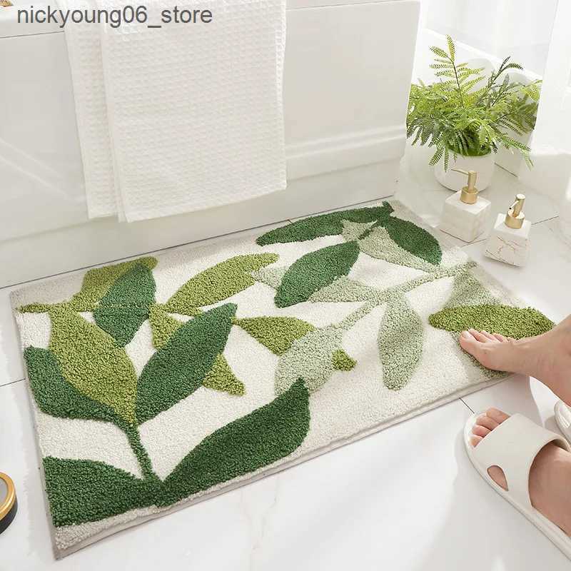 Non-Slip Bath Mats QNBHR Green Leaves Flocking Bath Mat Non-slip Absorbent Microfiber Bathroom Rug Home Entrance Door Mat Super Soft Bath Carpet L2409