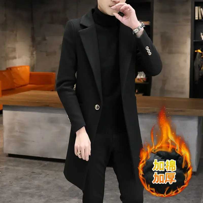 Fashionable high-end mens solid color casual handsome plus cotton thickened wool coat medium long woolen collar coat LX241010