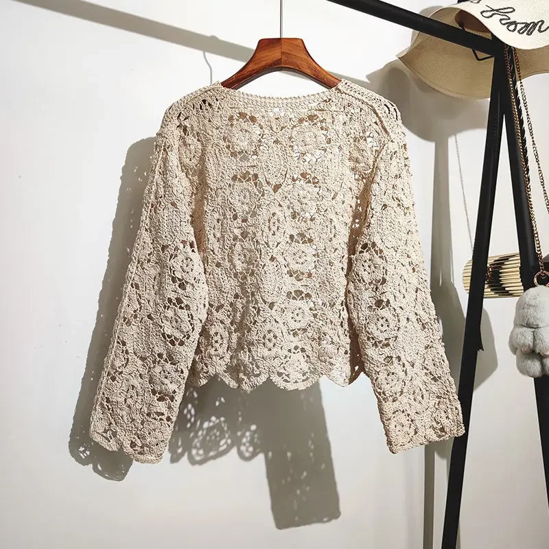 Lace Small Shawl Cotton Cardigan female 2023 spring and summer o neck long sleeve solid casual Versatile Hollow Female 240924