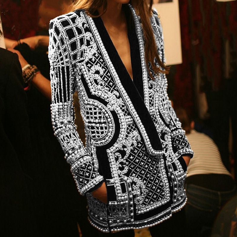 french petite suit 2024 new fashion vneck nail bead print long sleeved highend suit jacket for women