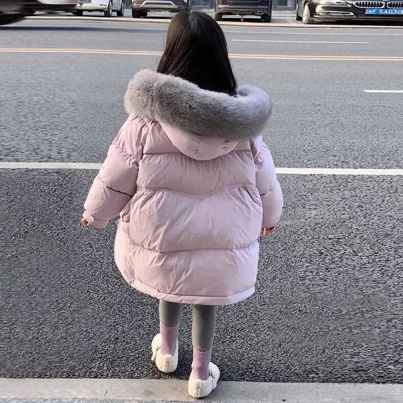 Down Coat Girl Parkas fur collar hooded childrens cotton lined clothes 2024 new thick warm solid color jacket Parkas H241010