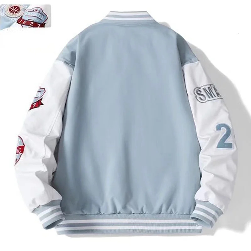 Mens Spring and Autumn School Clothes Embroidered Korean Fashion Loose Baseball Uniform Couple Blue Retro Leather Jacket Bomber Coat 241010
