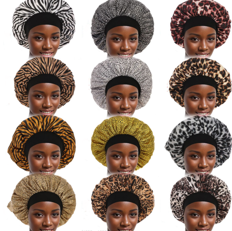 Women Wide Stretch Silk Satin Leopard Print Bandana Night Sleeping Turban Hat Headwrap Bonnet Chemo Cap Hair Accessorie