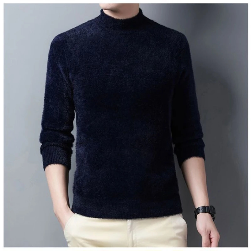 Pullover Men Sweater Soft Warm Long Sleeve Mock Neck Solid Color Fine fleece Thicken Loose Casual Sweaters 240930