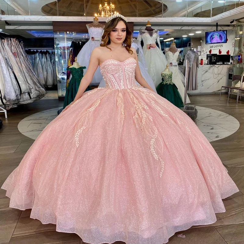 Pink Shiny Off The Shoulder Ball Gown Quinceanera Dresses Sequined Appliques Lace Beads Tull Corset Vestidos De 15 Anos Sweet 16 Dress