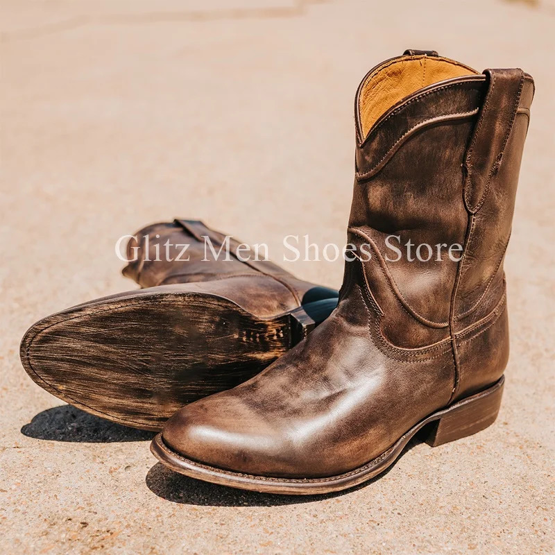 Western Cowboy Chelsea Boots Retro Mid calf Boots Corner Toe Classic Shoes Genuine Leather Worker Winter Mens Boots 240923