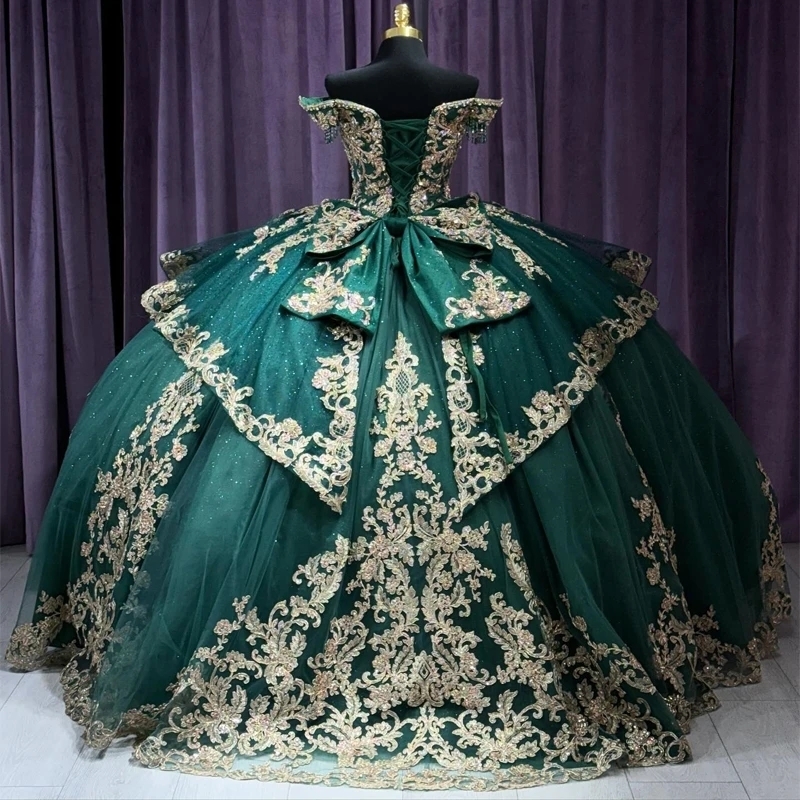 Emerald Green Shiny Quinceanera Dresses Sweet 16 Princess Gown Gold Applique Lace Beads Birthday Party Dress Vestidos 15 De Anos