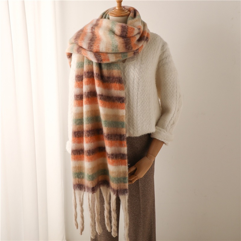 Coarse Striped Scarf Imitating Cashmere Winter New Warm Long Tassel Scarf for Men and Women Student Shawl