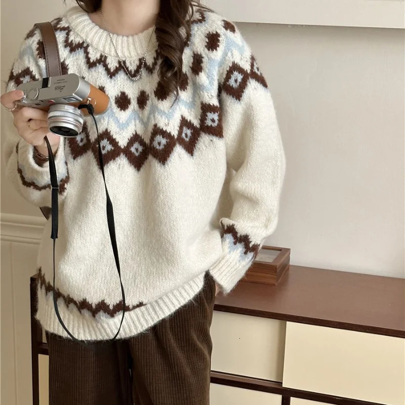 Deeptown Vintage Fair Isle Womens Sweater Korean Fashion Long Sleeve Knitted Zipper Loose Autumn Winter Preparatory Aguilar Parachute 241009