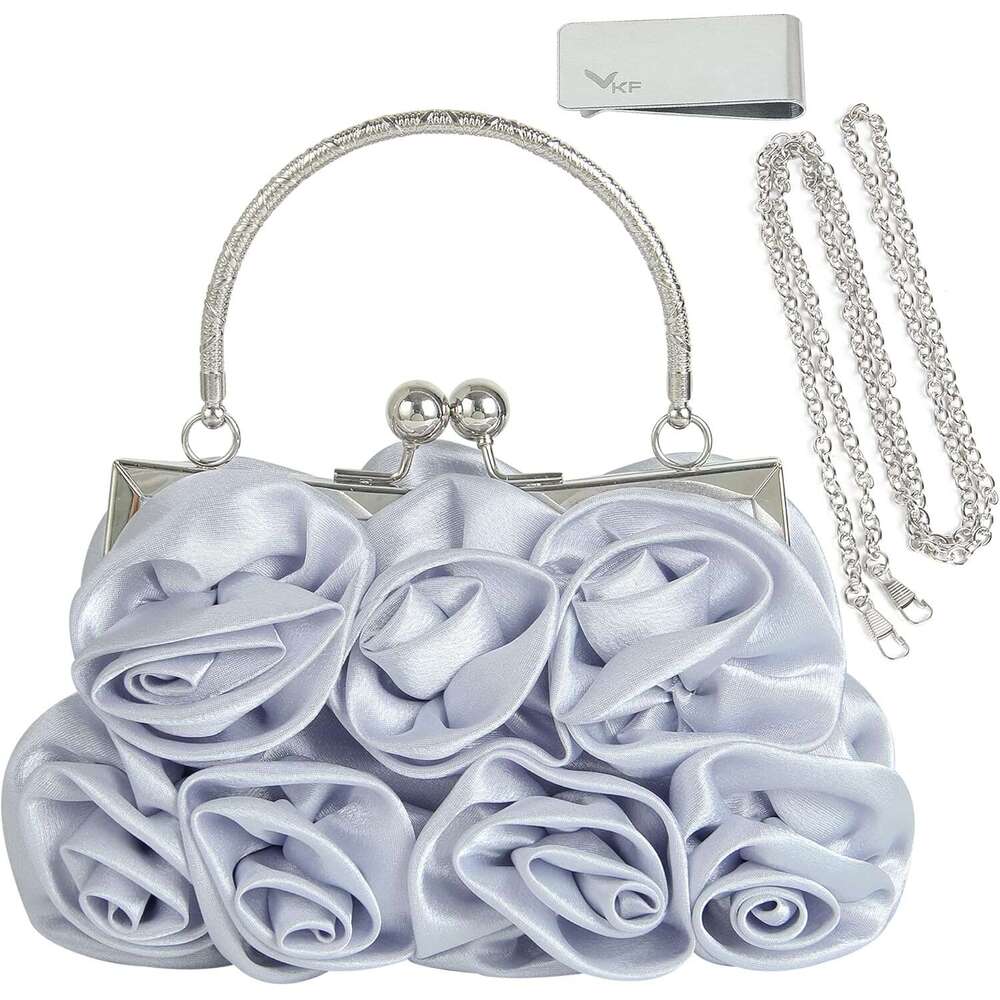 Missy K 7 Roses Clutch Purse, Satin, with Detachable Strap Money Clip